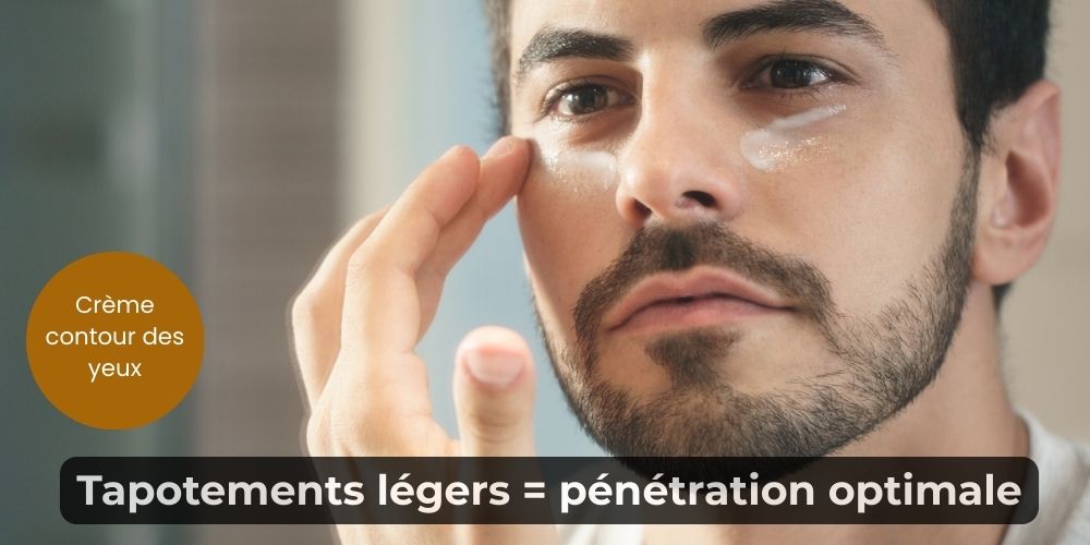 Application correcte crème contour yeux homme : tapotements légers avec annulaire 
zone pattes oie and ride, absorption peau humide